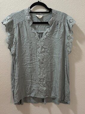 Flower & Feather Sage Green Eyelet Flutter Sleeve Swiss Dot Blouse Size 2X